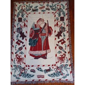 VINTAGE Christmas Holiday Reversibl Throw Blanket Woven Tapestry Santa Claus MCM